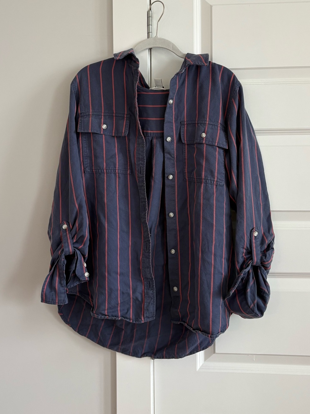 L.L. Bean Navy Shirt with Coral Pinstripes